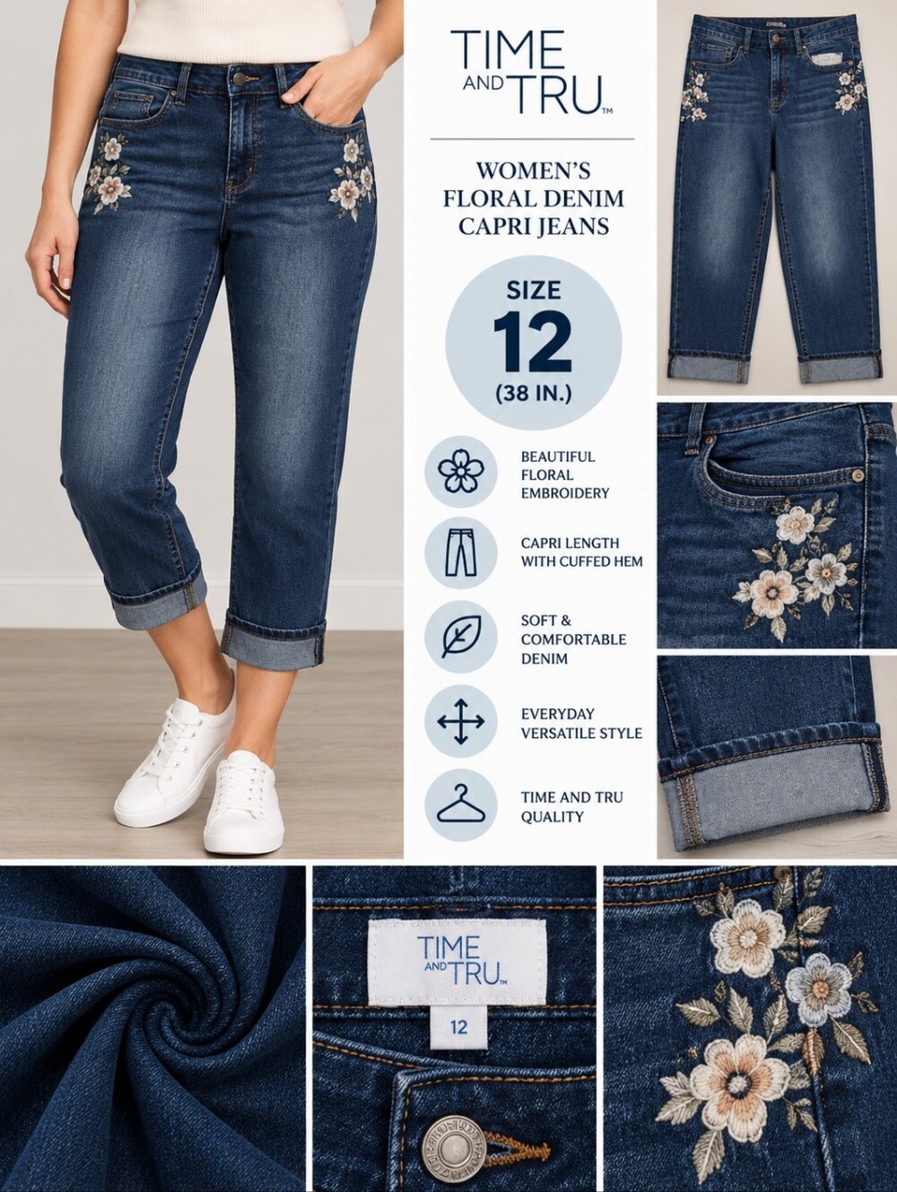 Time and tru Women's size 12 floral denim capri jeans #37